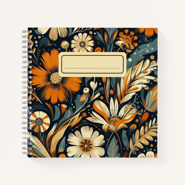 Whimsical Orange Wildblumen & Birnen in Folk Art Notizbuch (Vorderseite)