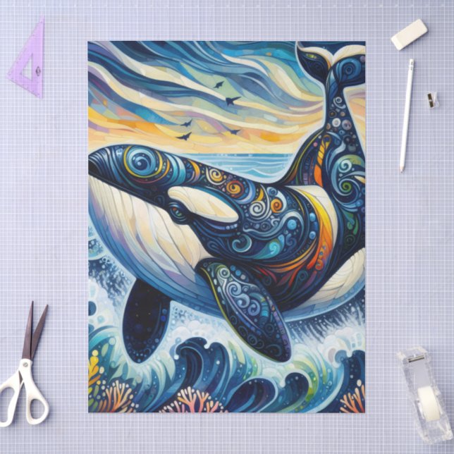 Whimsical Orca Whale Beach Coastal Dekoupage Seidenpapier (Basteln)