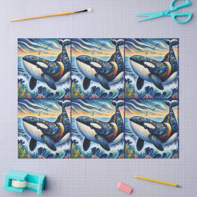 Whimsical Orca Whale Beach Coastal Dekoupage Seidenpapier (Basteln)