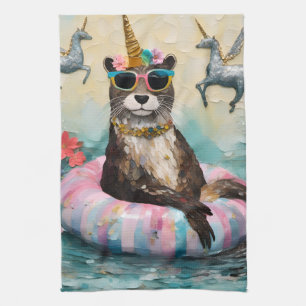 Whimsical Otter and Unicorns Floating on a River Geschirrtuch