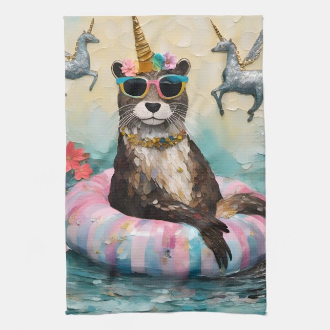 Whimsical Otter and Unicorns Floating on a River Geschirrtuch (Vertikal)