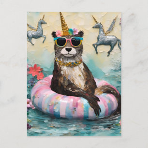 Whimsical Otter and Unicorns Floating on a River Postkarte