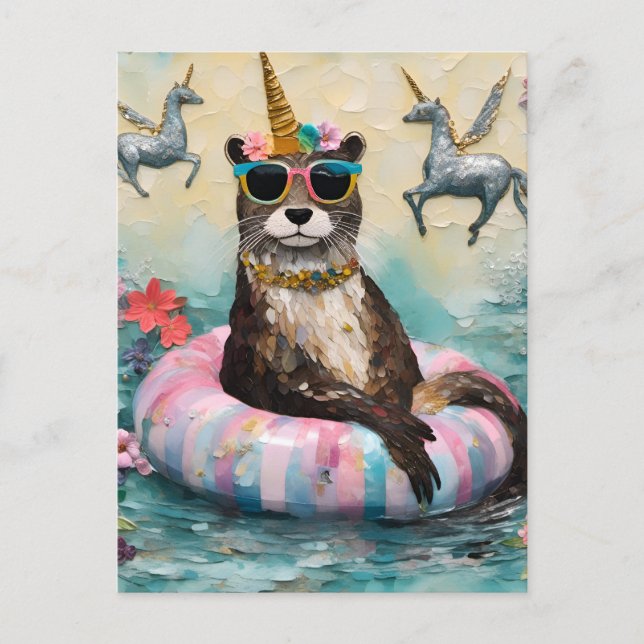 Whimsical Otter and Unicorns Floating on a River Postkarte (Vorderseite)