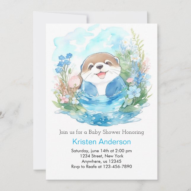 Whimsical Otter Watercolor Boy Babydusche Einladung (Vorderseite)