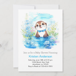 Whimsical Otters Blue Floral Boy Baby Shower Einladung