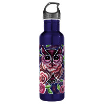 Whimsical Owl auf Blütenzweig Rosa Blau