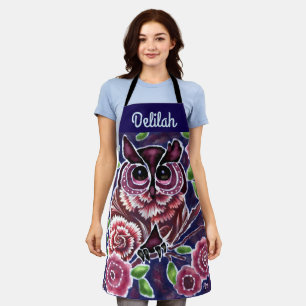 Whimsical Owl auf Blütenzweig Rosa Blau Schürze