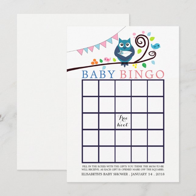 Whimsical Owl Baby Dusche Bingo Einladung (Vorne/Hinten)