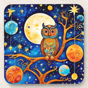 Whimsical Owl Celestis: Sterne, Mond, Planeten Getränkeuntersetzer
