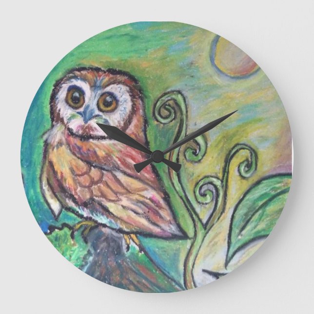 Whimsical Owl Wall Clock Große Wanduhr (Vorderseite)
