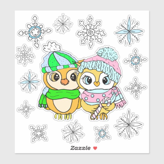 Whimsical Owls Couple und Snowflakes Aufkleber (Blatt)