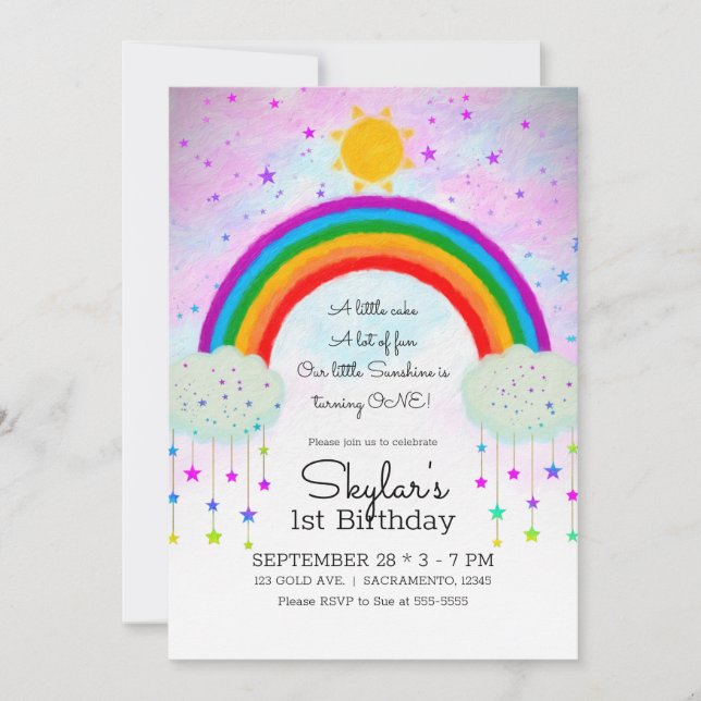 Whimsical Painted Rainbow & Stars 1. 1. Geburtstag Einladung (Vorderseite)