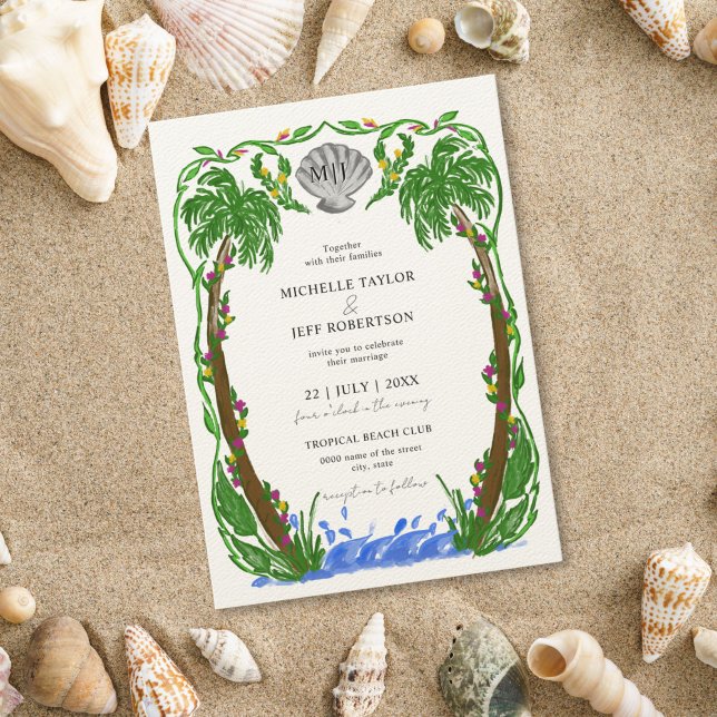 Whimsical Palm Tree Beach Einladung (hand drawn palm trees with a shell, in the form of a crest, for the beach wedding)