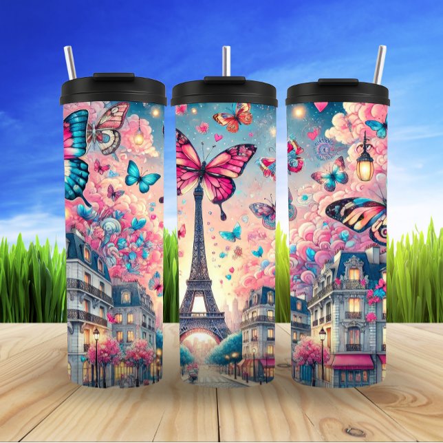 Whimsical Paris Dreamscape mit Schmetterlingen Thermosbecher (Von Creator hochgeladen)