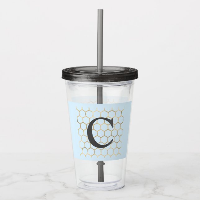 Whimsical Pastel Blue Hexagon Modern Monogram Acryltrinkbecher (Vorderseite)