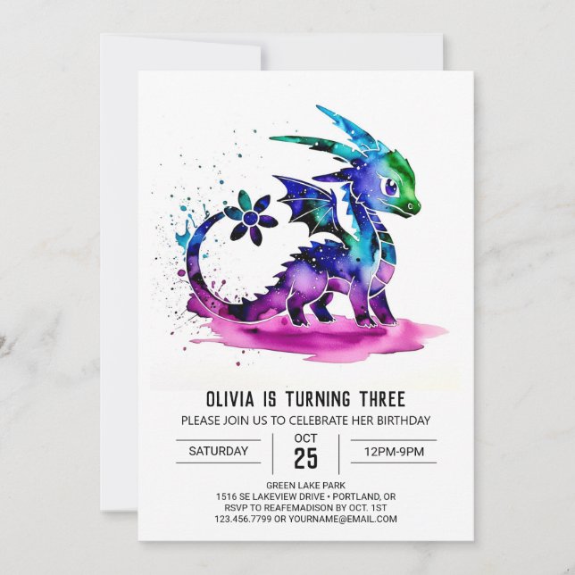 Whimsical Pastel Dragon Digital Girl zum Geburtsta Einladung (Vorderseite)