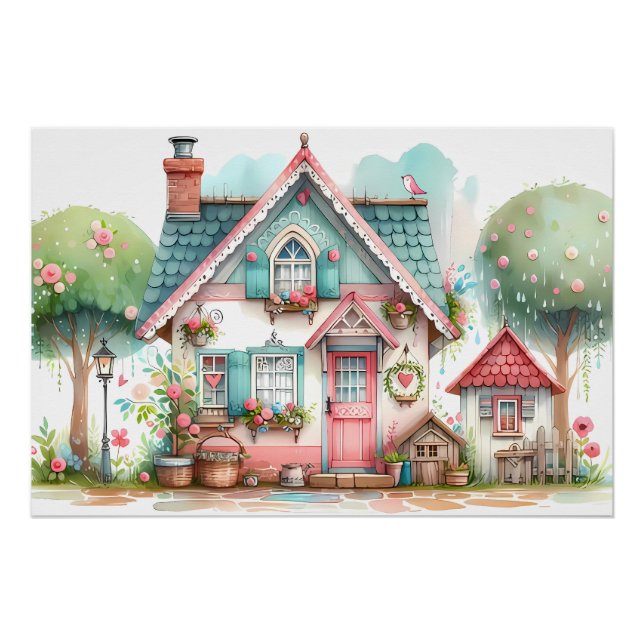Whimsical Pastel Fairy Tale Hütte Poster (Vorderseite)