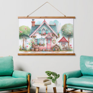 Whimsical Pastel Fairy Tale Hütte Wandteppich Mit Holzrahmen