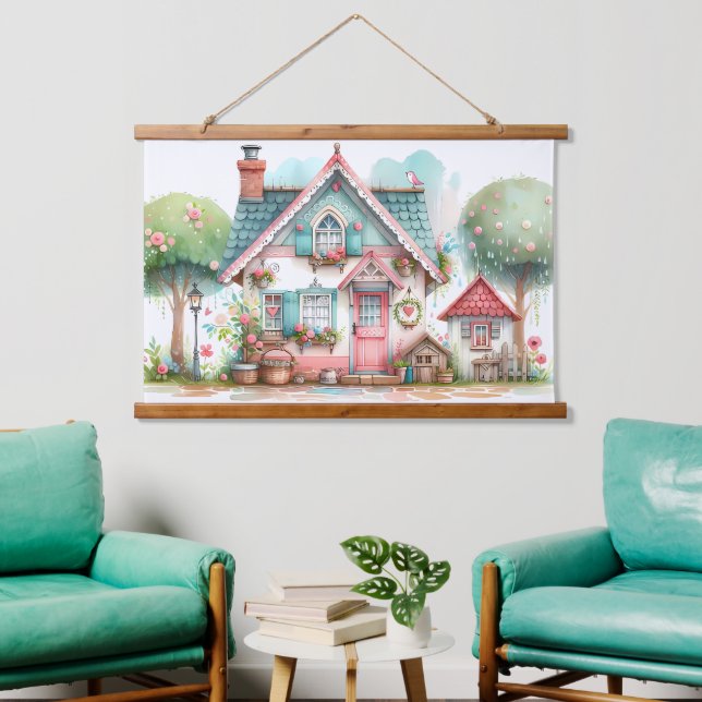 Whimsical Pastel Fairy Tale Hütte Wandteppich Mit Holzrahmen (Wohnzimmer)