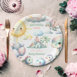 Whimsical Pastel Hatching Bald Dino Baby Dusche Pappteller