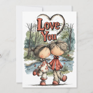 Whimsical Pastel Love Couple Drawing Feiertagskarte