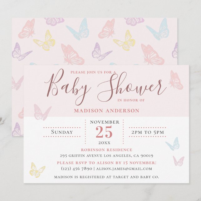Whimsical Pastel Pink Butterfly Girl Babydusche Einladung (Vorne/Hinten)