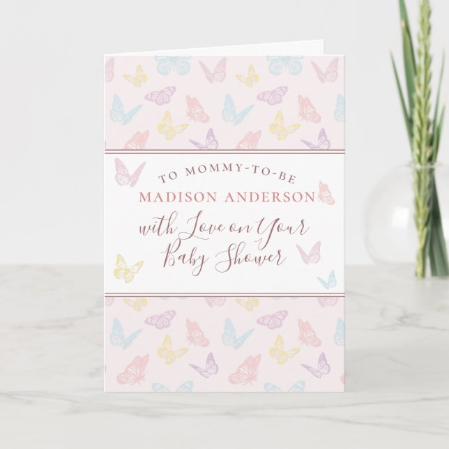 Whimsical Pastel Pink Butterfly Girl Babydusche Karte (Vorderseite)