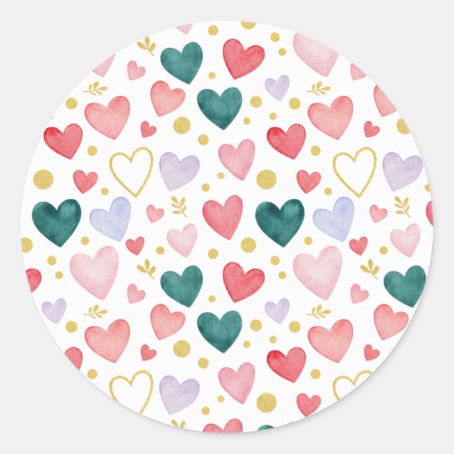 Whimsical Pastel Watercolor Hearts & Gold Leaf Runder Aufkleber (Vorderseite)