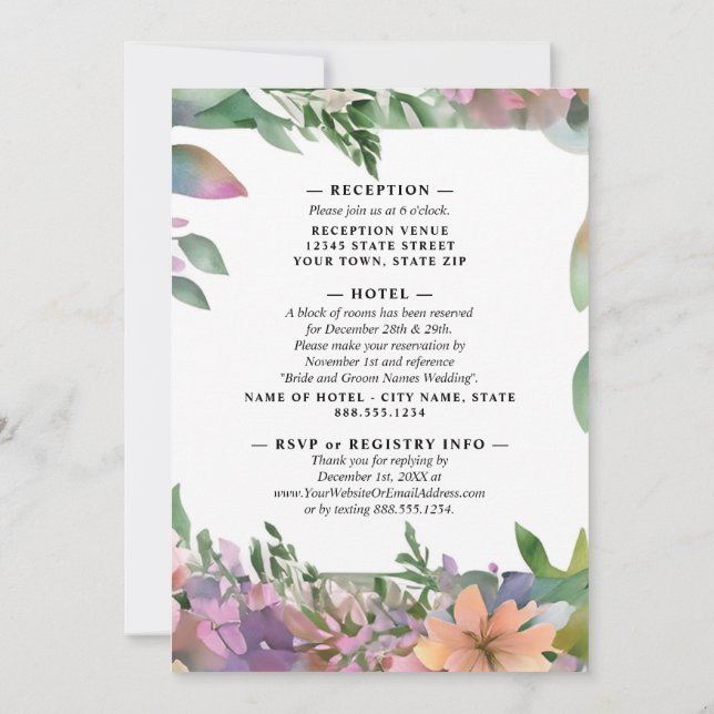 Whimsical Pastel Watercolor Wildblume Hochzeit Einladung (Rückseite)