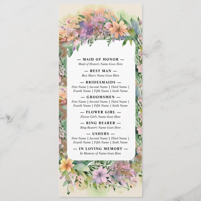 Whimsical Pastel Watercolor Wildblume Hochzeit Programm (Rückseite)