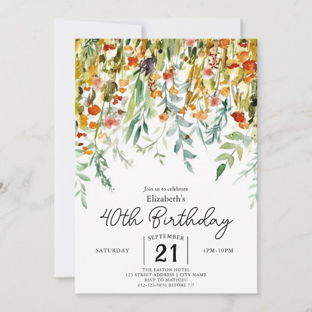 Whimsical Pastels Wildblumen 40. Geburtstag Einladung (Vorderseite)
