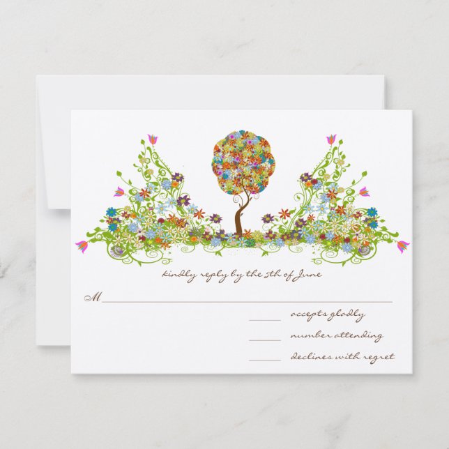 Whimsical Patchwoork Blume Tree Wedding RSVP Karte (Vorderseite)