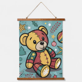 Whimsical Patchwork Christmas Teddy Bear Wandteppich Mit Holzrahmen