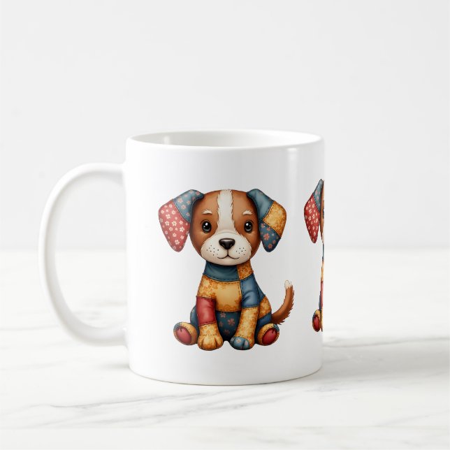 Whimsical Patchwork Puppy Folk Art Cottage Kaffeetasse (Links)