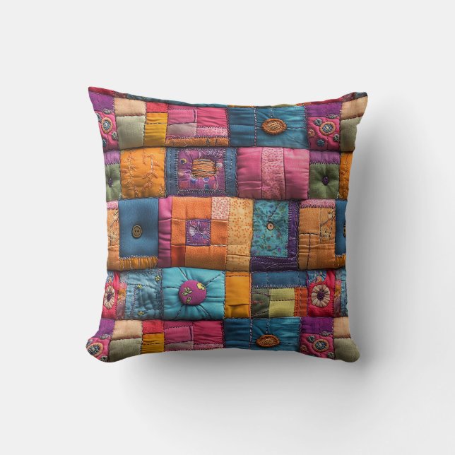 Whimsical Patchwork Quilt Pattern: farbiges Design Kissen (Vorderseite)