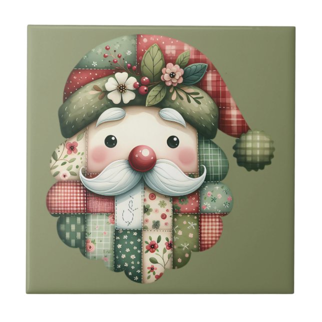 Whimsical Patchwork Santa Folk Christmas Fliese (Vorderseite)