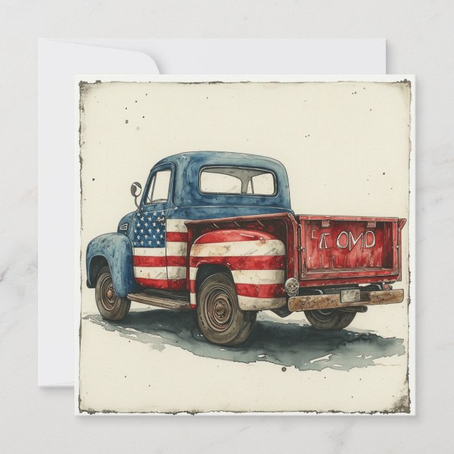 Whimsical Patriot Lieferwagen: Vintager Ruhm Feiertagskarte (Vorderseite)