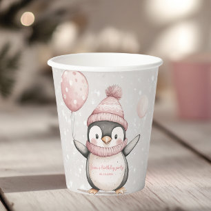 Whimsical Penguin Birthday   Vintag rosa Pappbecher