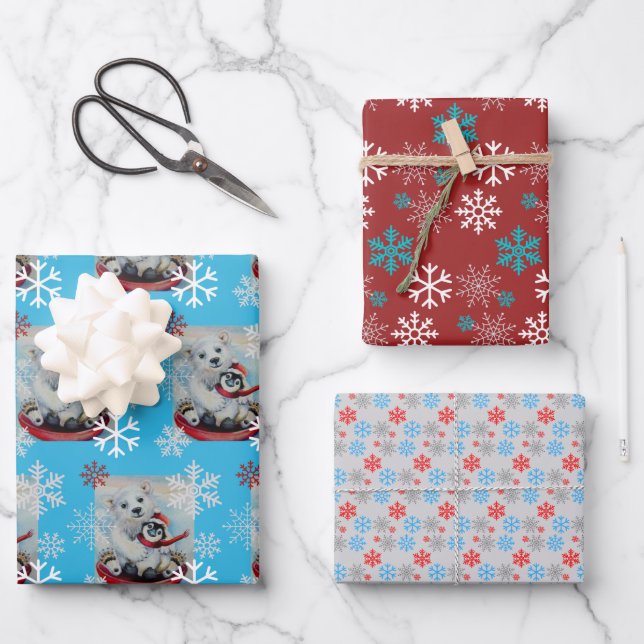 Whimsical Penguin & Polar Bären Wasserfarben Kunst Geschenkpapier Set (Vorderseite)