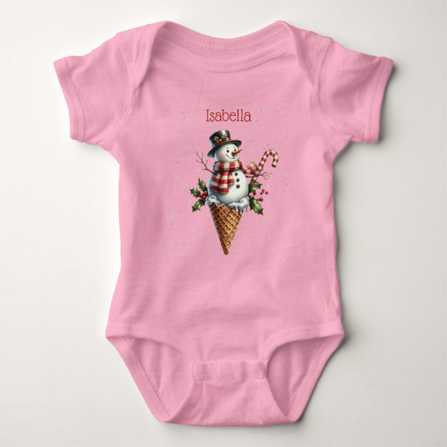 Whimsical Personalized Snowman with Candy Cane Baby Strampler (Vorderseite)
