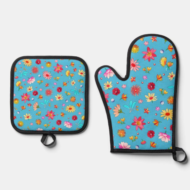 Whimsical  Pettit Flowers Ofenhandschuh & Topflappen-Set (Vorderseite)