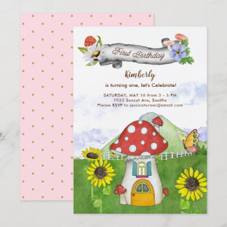 Whimsical Pilz Floral Banner Erster Geburtstag Einladung