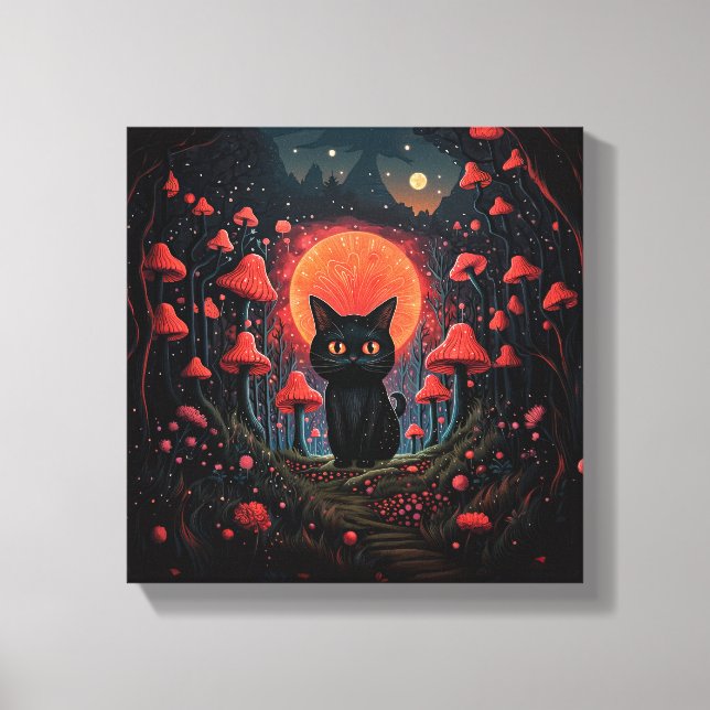 Whimsical Pilzkatze Stretched Canvas Print Leinwanddruck (Vorderseite)