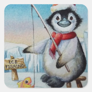 Whimsical Pinguin Ice Fischen Quadratischer Aufkleber