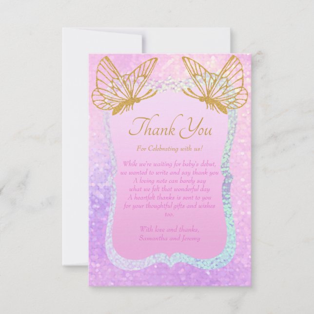 Whimsical Pink and Gold Baby Dusche Dankeskarte (Vorderseite)