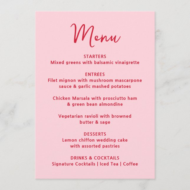 Whimsical Pink and Red Heart Wedding Menükarte (Vorderseite)