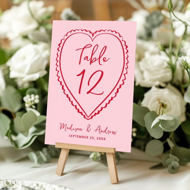 Whimsical Pink and Red Heart Wedding Tischnummer (Von Creator hochgeladen)