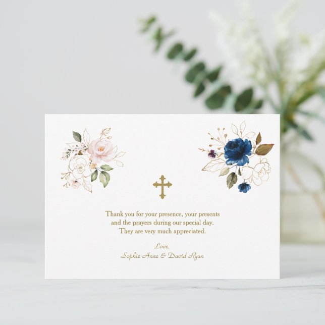 Whimsical Pink Blue Gold Blume Twins Taufe Dankeskarte (Stehend Vorderseite)