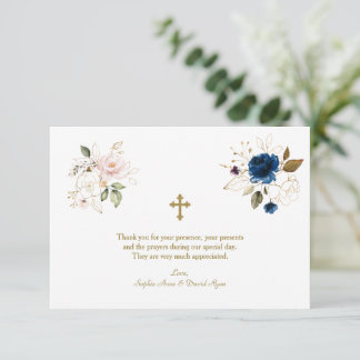 Whimsical Pink Blue Gold Blume Twins Taufe Dankeskarte