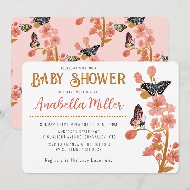 Whimsical Pink Boho Butterfly Girl Babydusche Einladung (Vorne/Hinten)